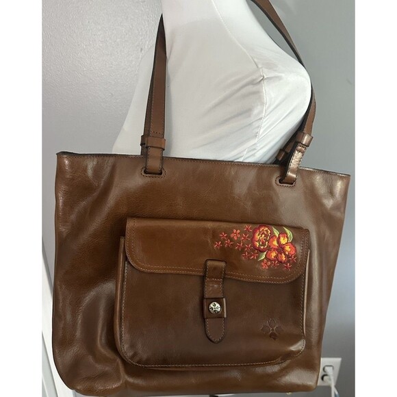 Patricia Nash Madison Leather Tote Shoulder Bag Purse Cognac Embroidered Floral - Picture 1 of 10